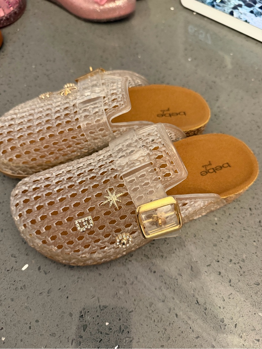 bebe Clear Jelly Mules with Gold Buckle and Charms